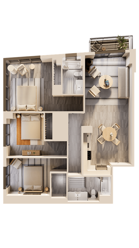 Floor plan for 3 beds, 2 baths, 1272 sqft